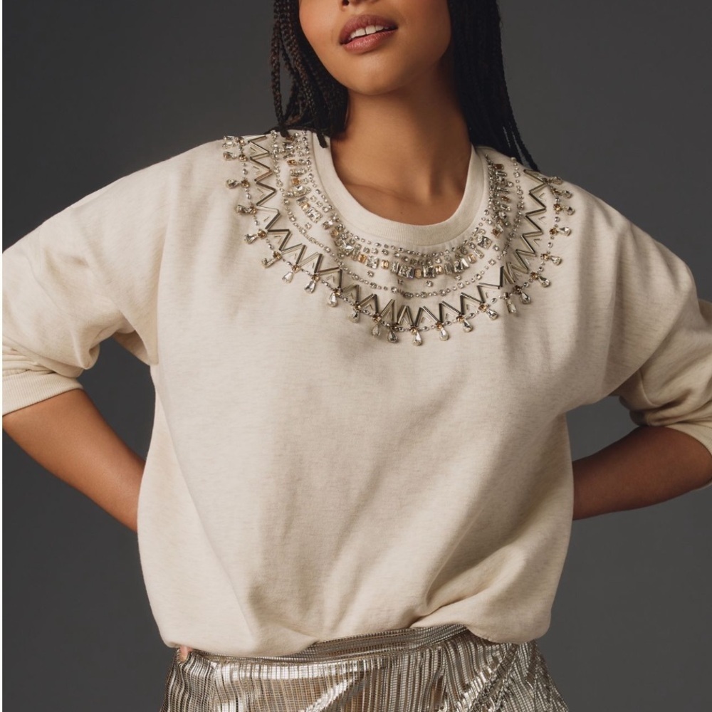 Anthropologie Maeve Embellished Collar Pullover in Light Sand Size Small - Picture 2 of 13